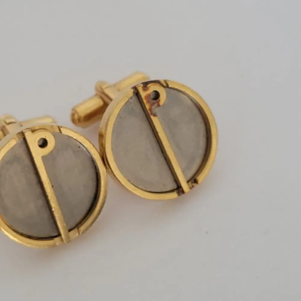 Dunhill D Cufflinks Gold Silver Tone Logo Round Designer Vintage Retro Bullet